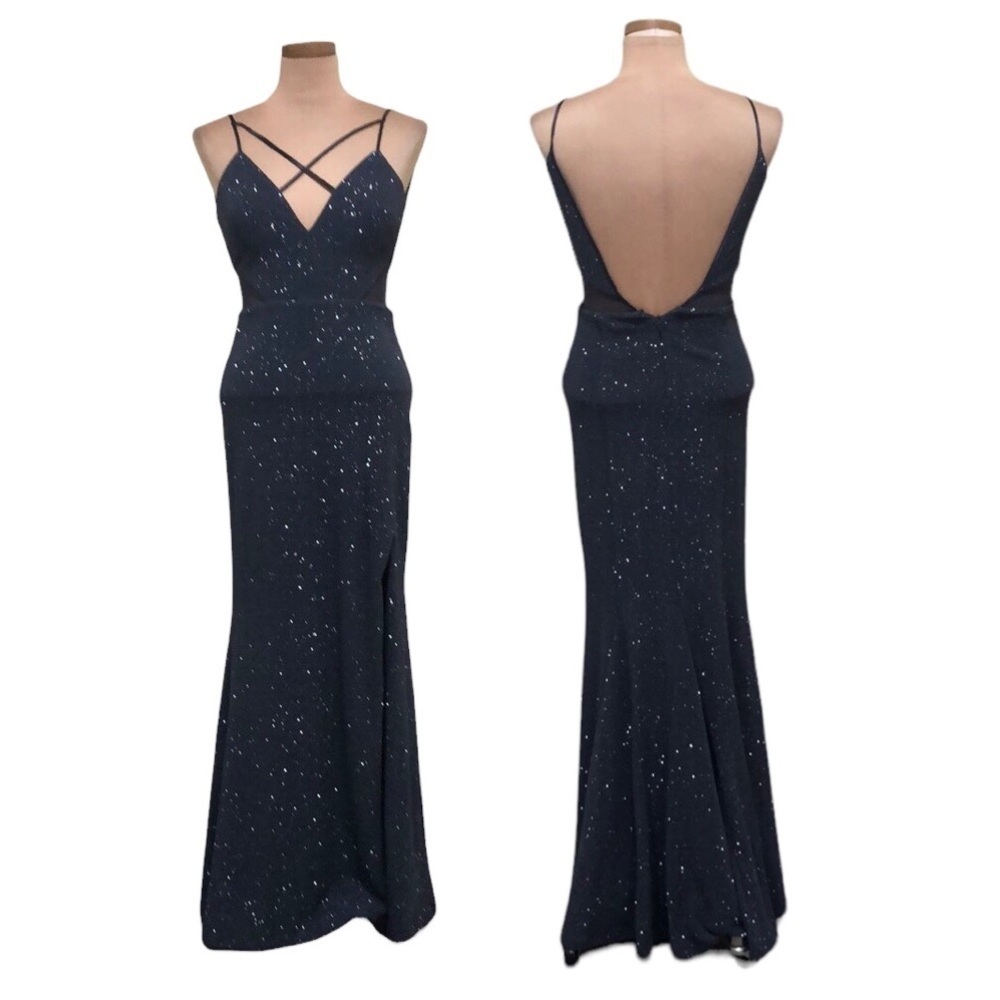 Dillard’s Dear Moon Maxi Dress Size 5 Navy Blue Glitter Caged Cut Out Gown